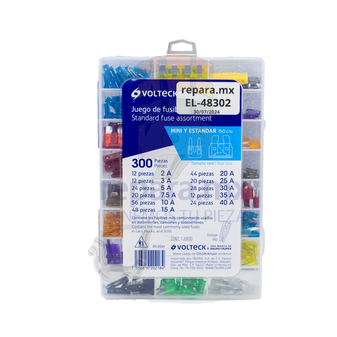 JUEGO DE FUSIBLES AUTOMOTRICES ESTANDAR Y MINI 300 PIEZAS VOLTECK