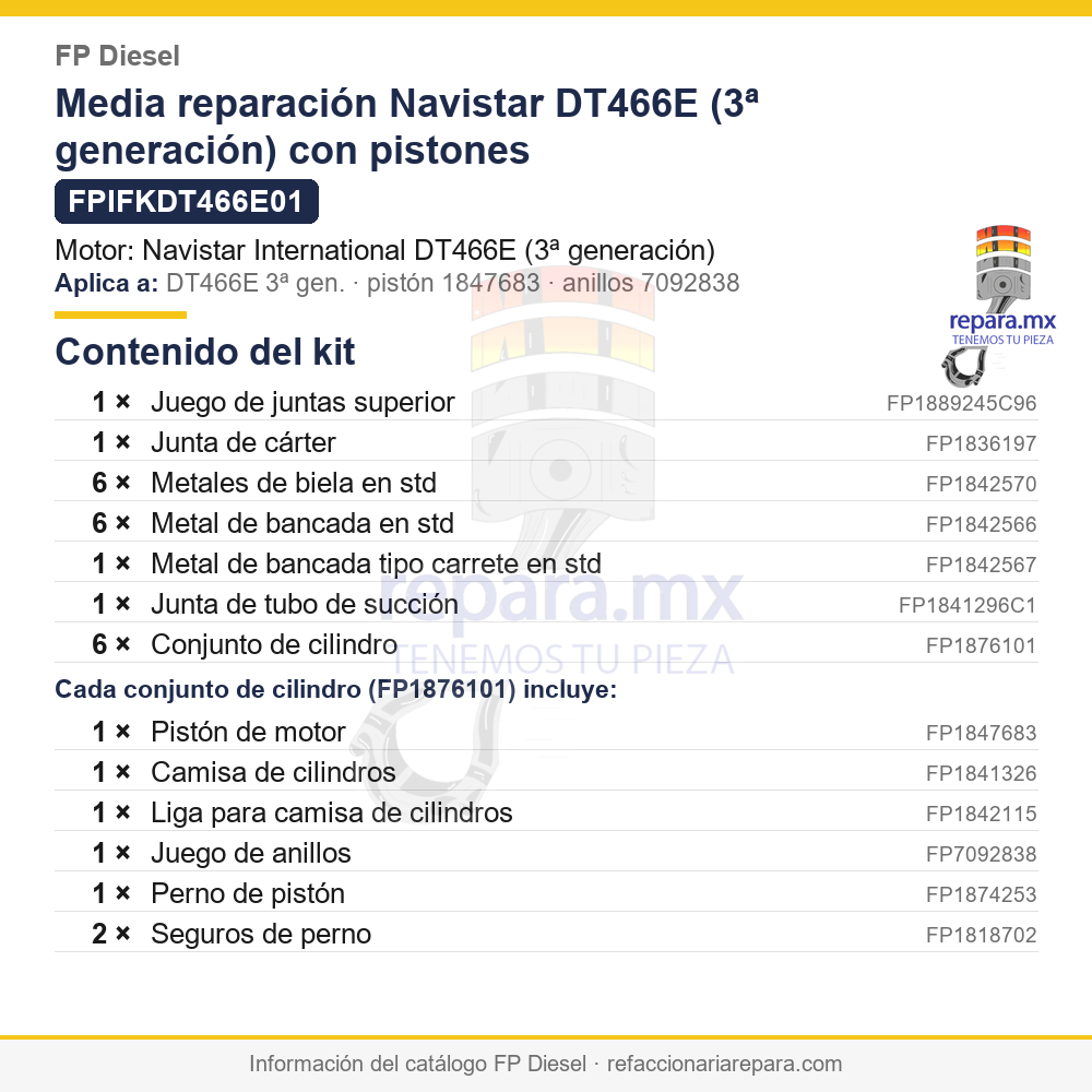 Media reparación Navistar DT466E (3ª generación) con pistones FP Diesel