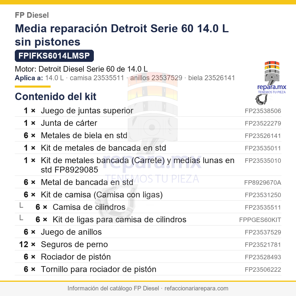 Media reparación Detroit Serie 60 14.0 L sin pistones FP Diesel