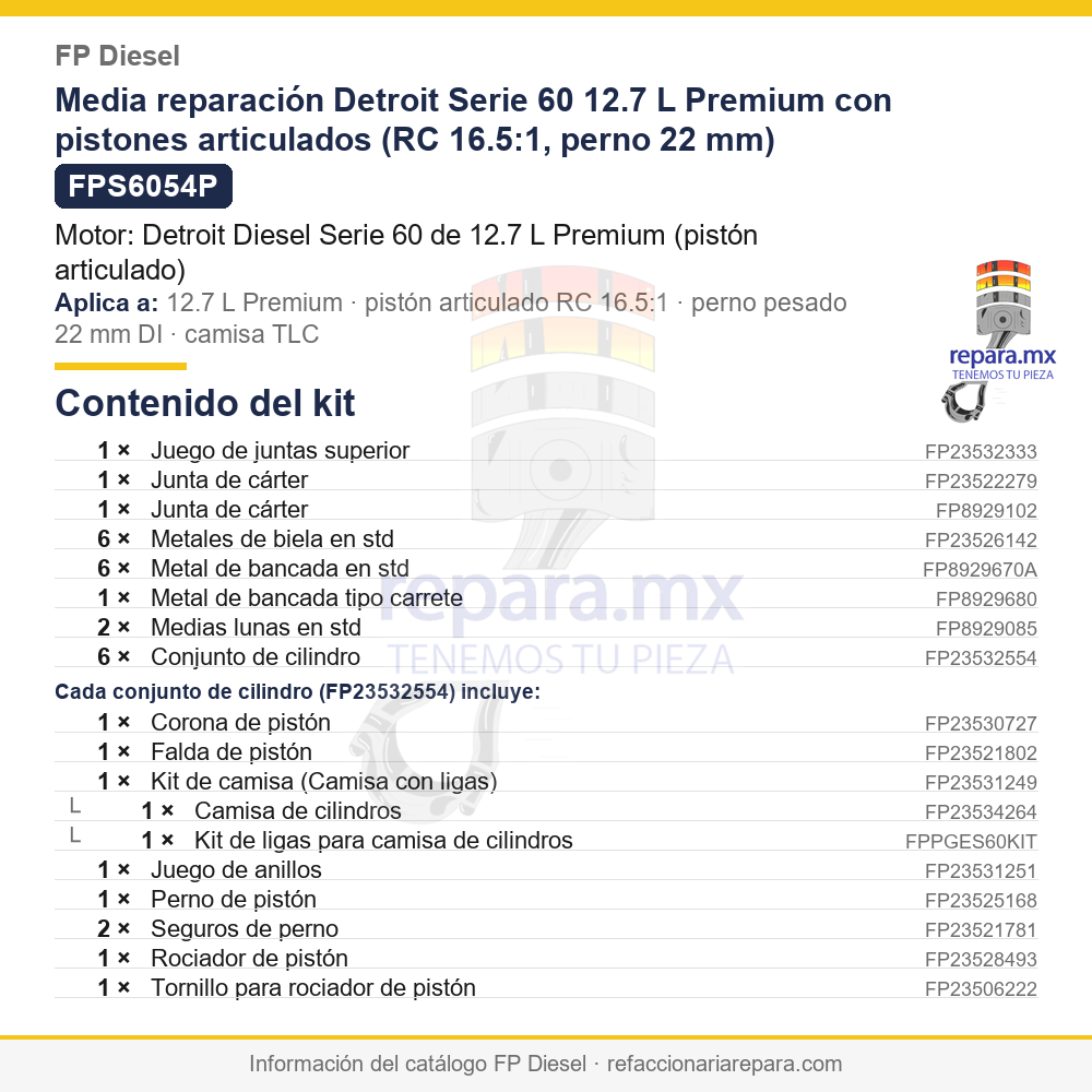 Media reparación Detroit Serie 60 12.7 L Premium con pistones articulados (RC 16.5:1, perno 22 mm) FP Diesel