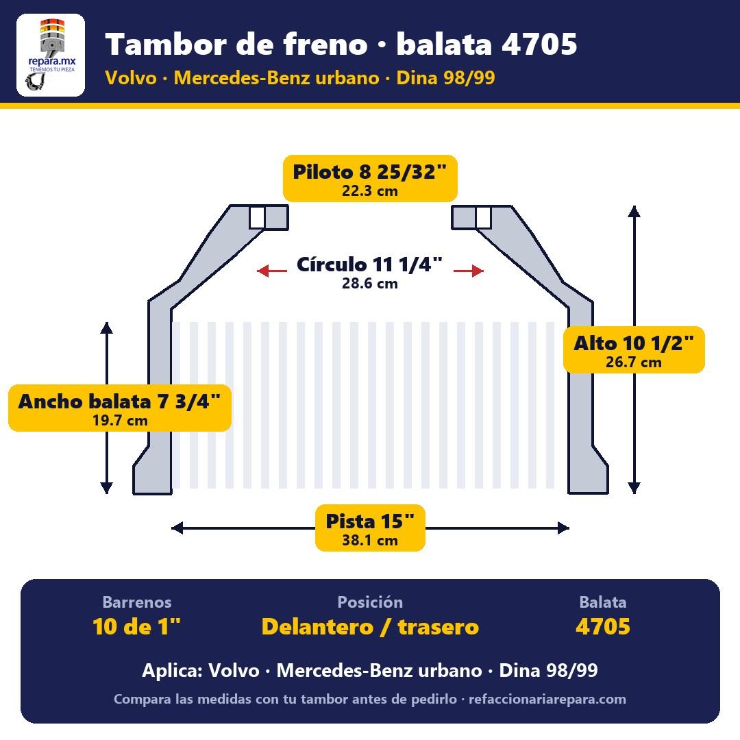 Tambor de freno para balata 4705 Volvo / Mercedes-Benz urbano / Dina 98-99 · 10 birlos 1"