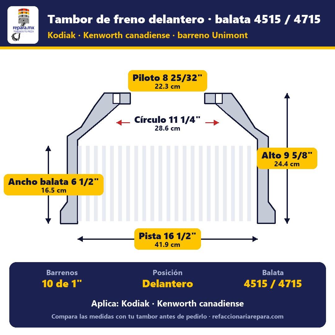 Tambor de freno delantero Kodiak / Kenworth canadiense · 10 barrenos 1" Unimont