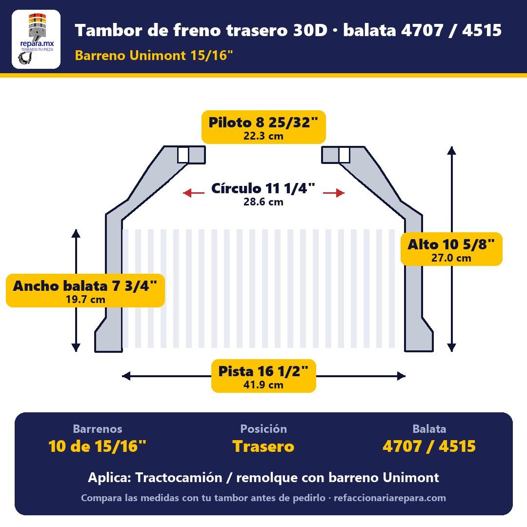 Tambor de freno trasero 30D para balata 4707 / 4515 · 10 barrenos 15/16" Unimont