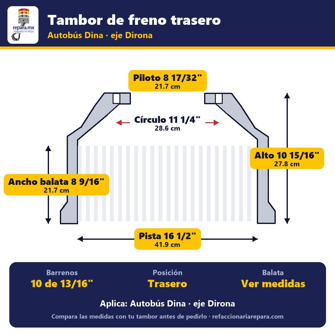 Tambor de freno trasero autobús Dina / eje Dirona · 10 barrenos 13/16"